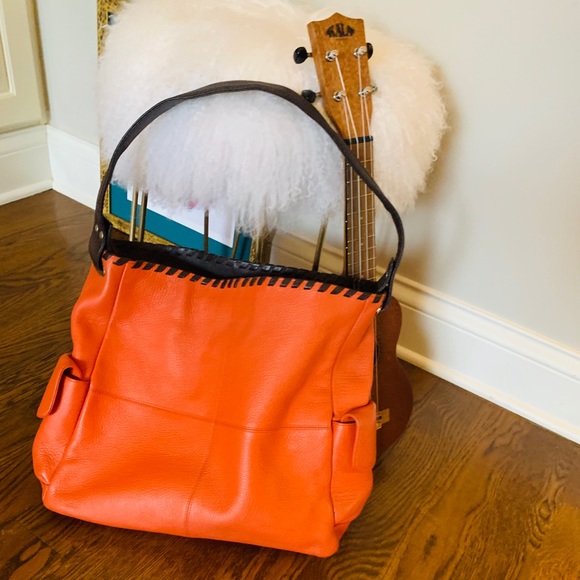 BARNEYS NEW YORK Leather Shoulder Tote Orange Bag - Picture 3 of 3